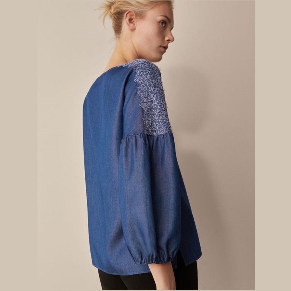 MASSIMO DUTTI Denim Blouse with Lace Finish - Picture 3 of 7